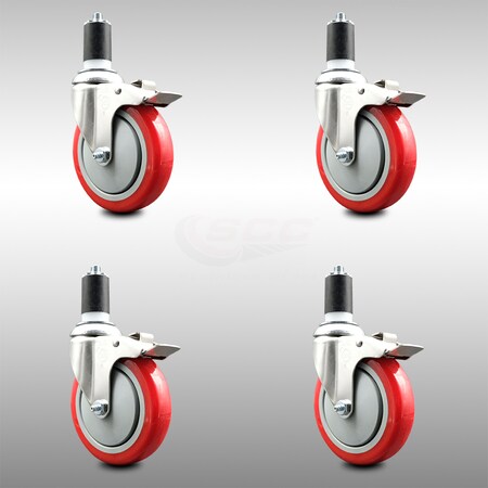 Service Caster 5 Inch 316SS Red Poly Swivel 1-5/8 Inch Expanding Stem Caster Set Lock Brake SCC-SS316TTLEX20S514-PPUB-RED-158-4